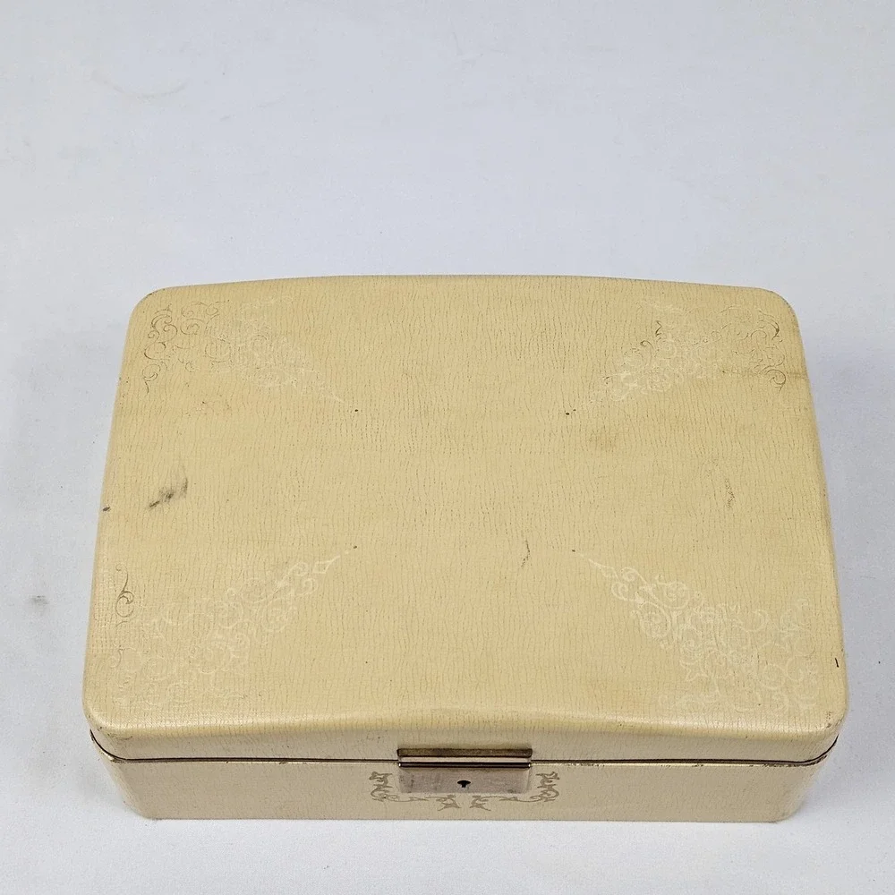 Vintage Jewelry Box Gold Embossed Faux Leather Farrington 50's Boho MCM